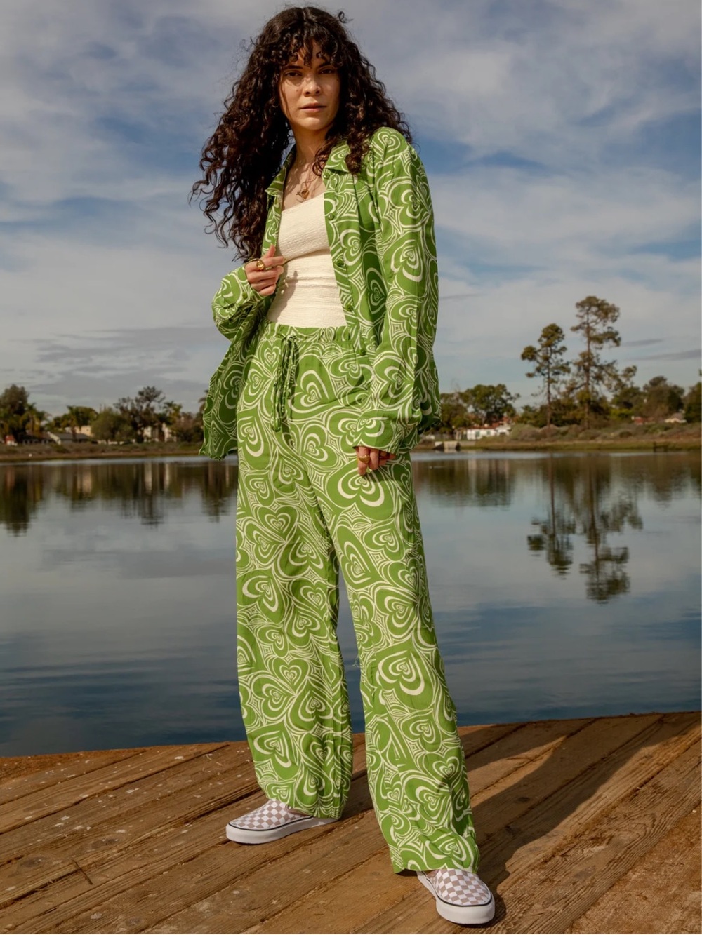Lisa Says Gah Lime Green Heart-Pattern Button Down SET